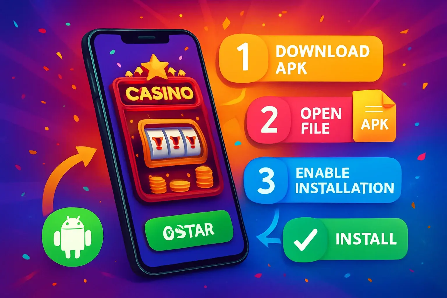 Step-by-step infographic showing Android phone APK installation for casino app