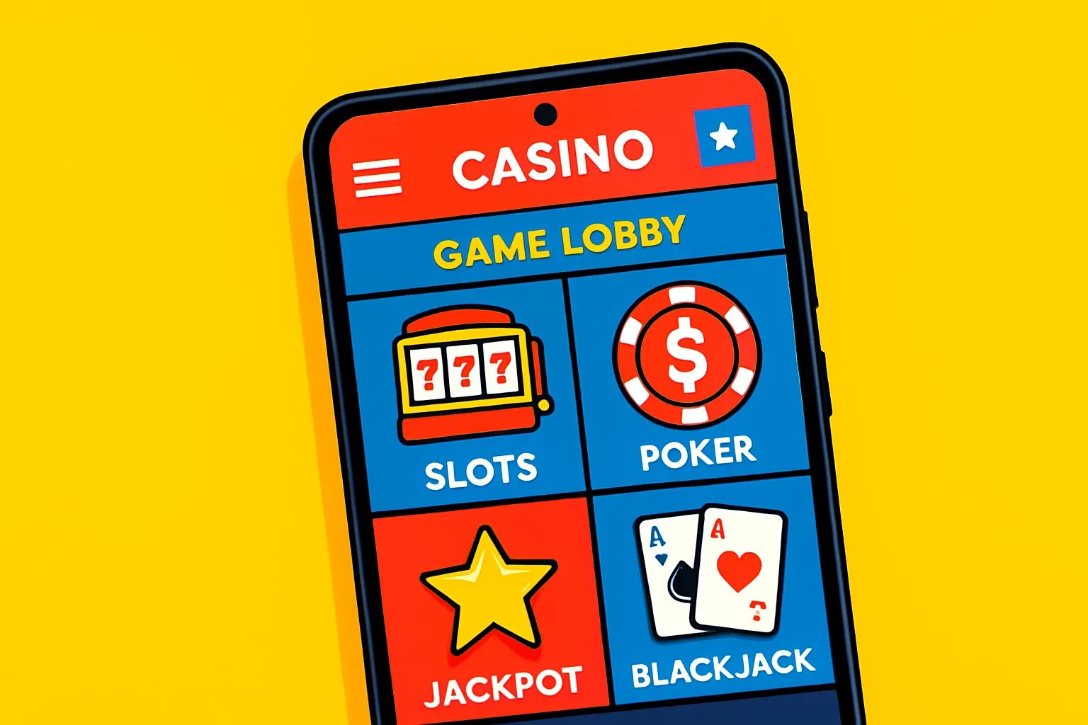 Android smartphone mockup showing casino mobile app lobby with vibrant UI