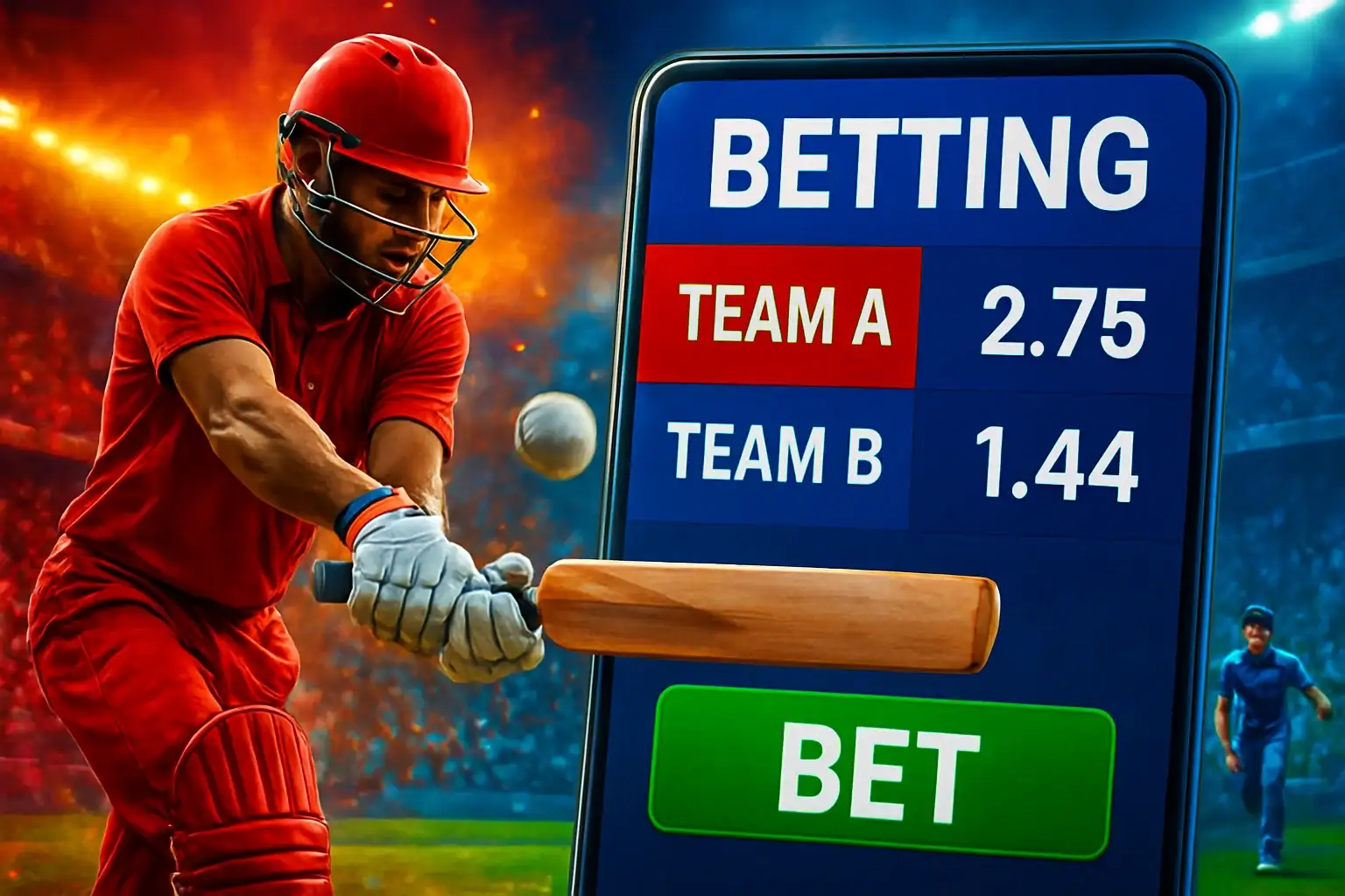 Sports betting banner with cricket action, stadium crowd, and interface overlay