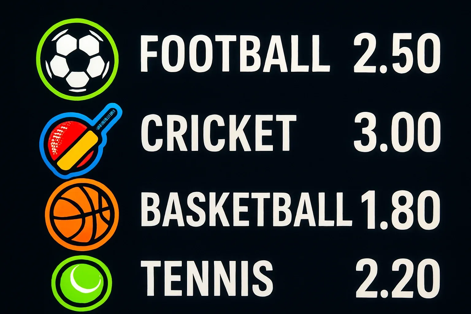 Sports betting markets with vivid icons and clear odds on dark background