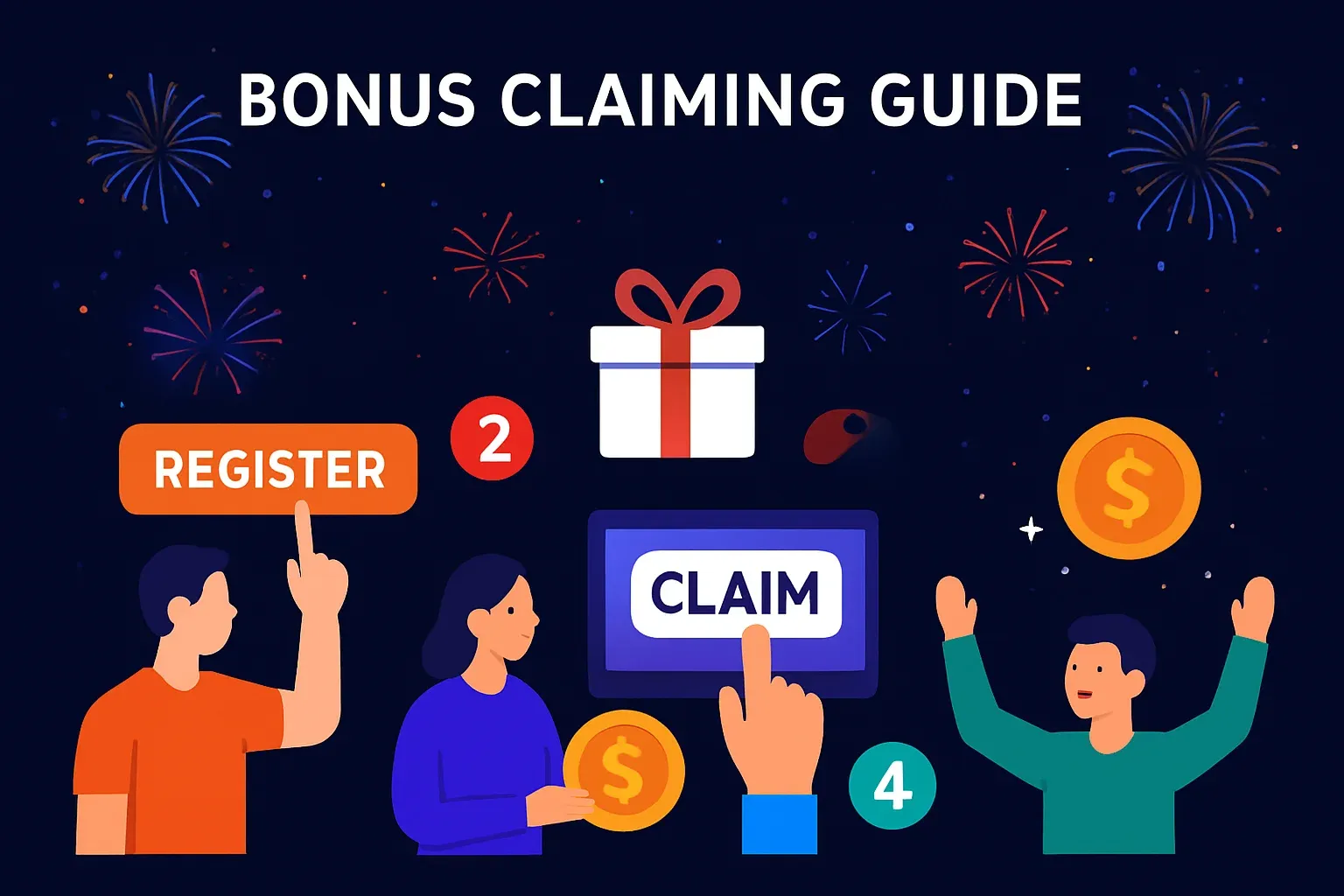 Step-by-step bonus claiming infographic with numbered steps on dark background