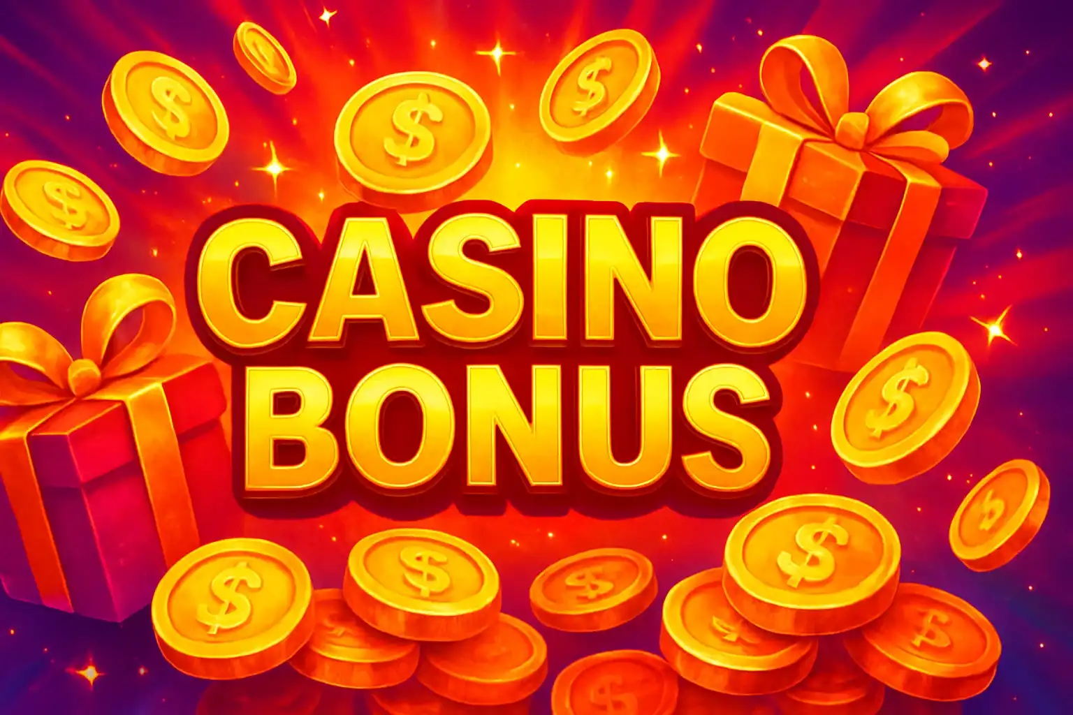 Casino bonus banner with golden coins, gift boxes, and sparkling rewards