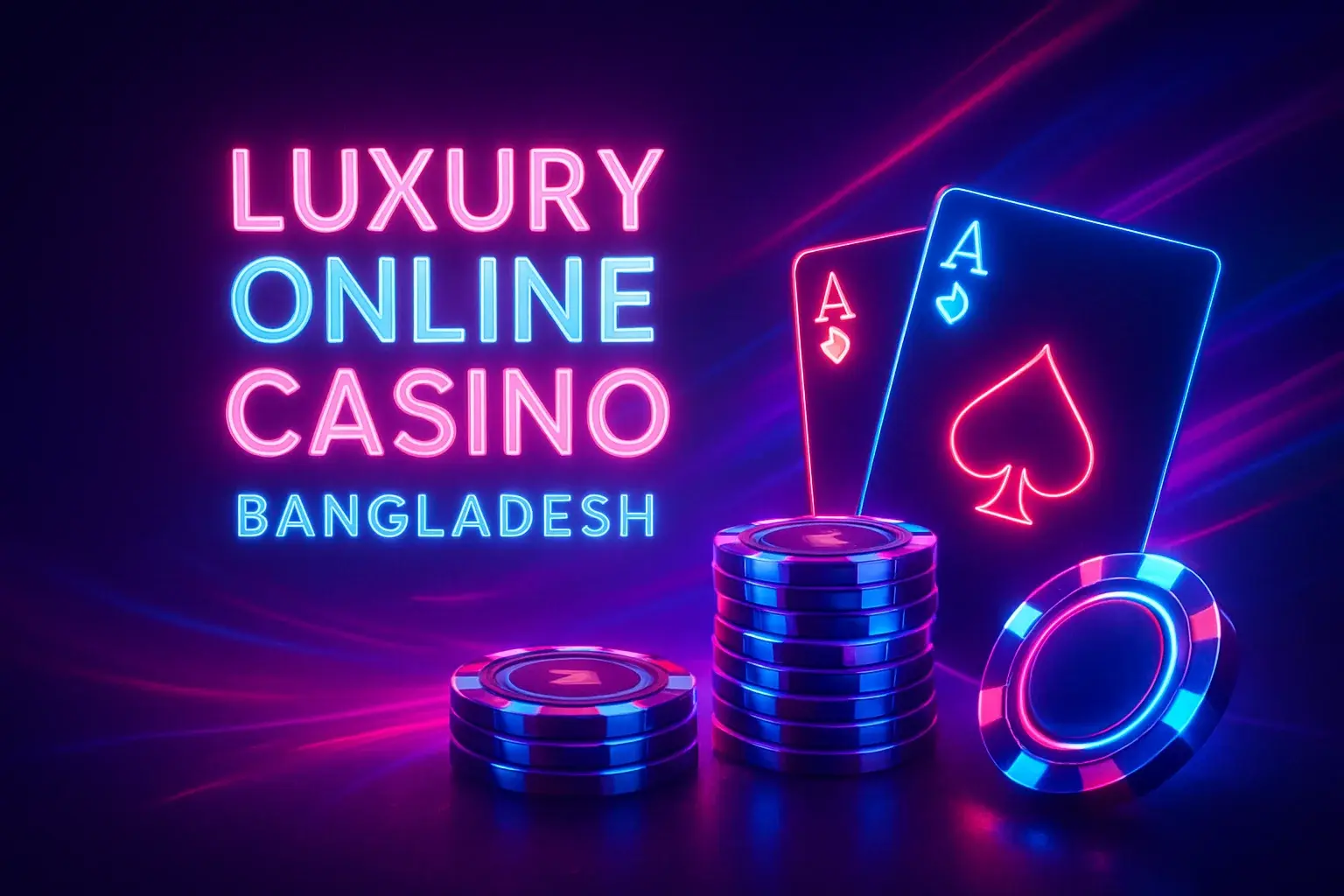 Luxury online casino hero banner with neon lights, chips, and cards