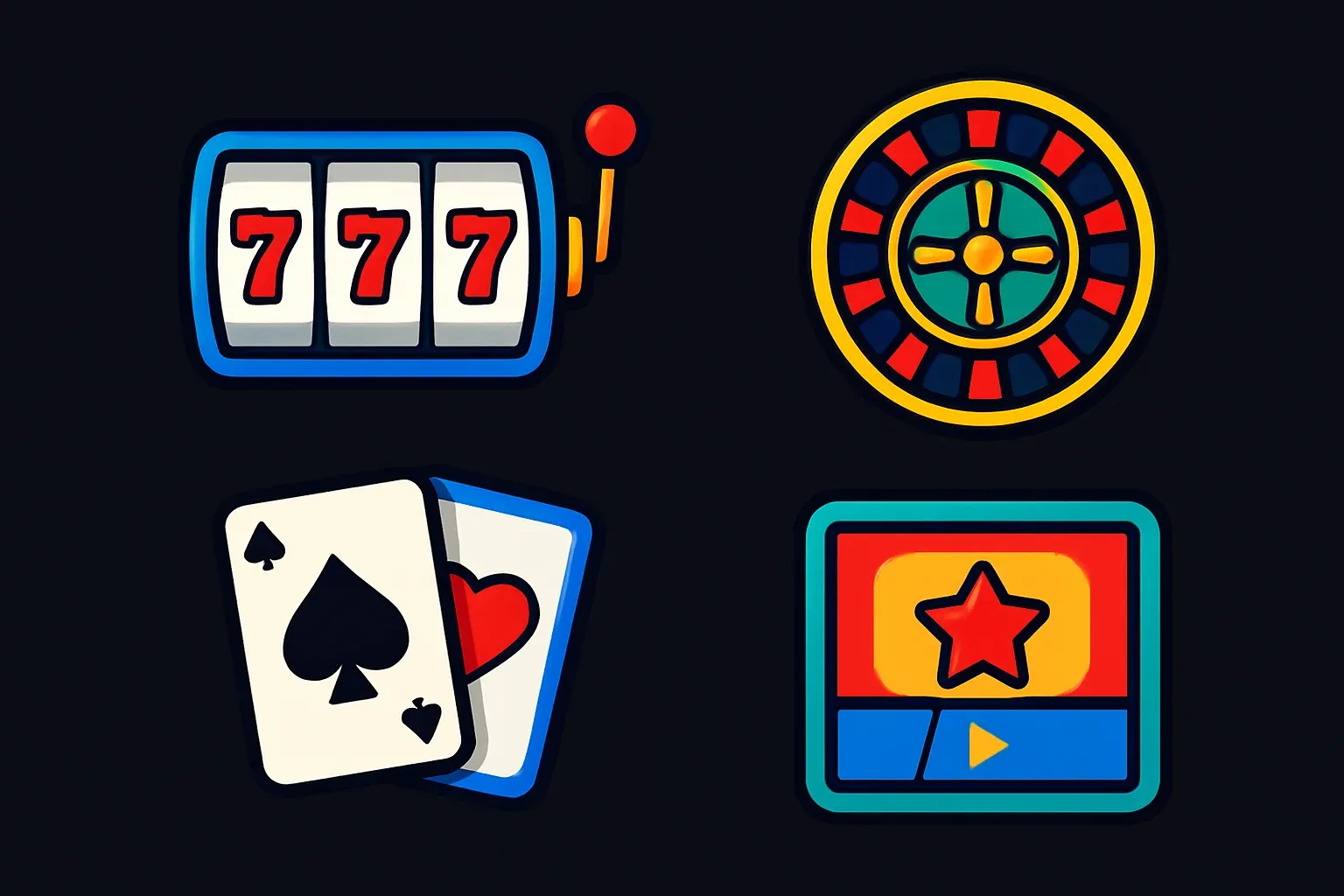 Popular casino game icons with vivid UI thumbnails on dark background