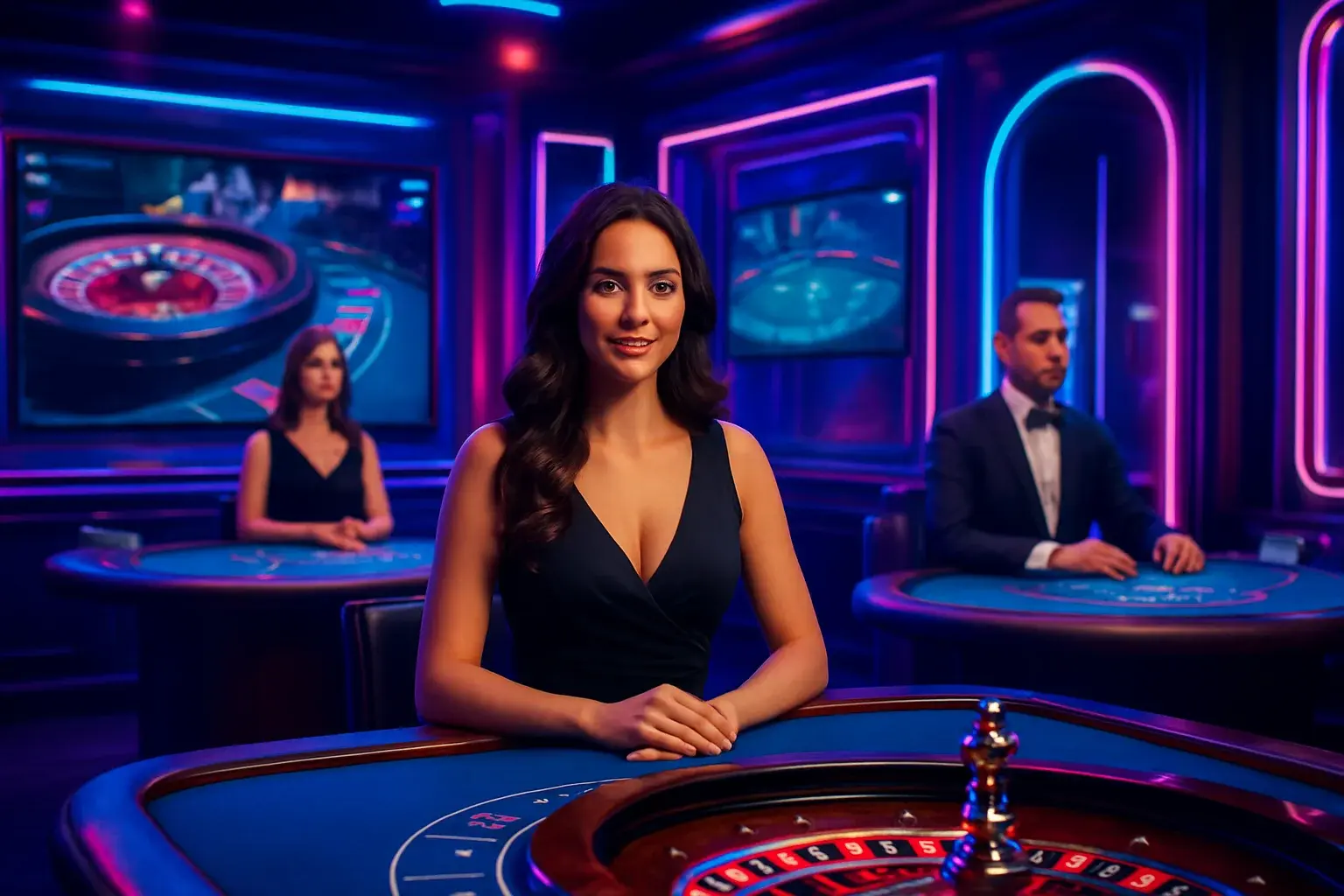 Elegant live casino studio with dealers and roulette blackjack screens