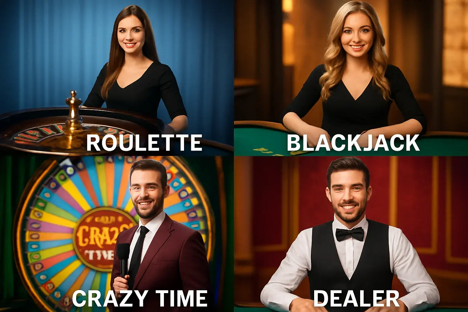 Colorful live casino game cards with roulette, blackjack, Crazy Time, and dealer