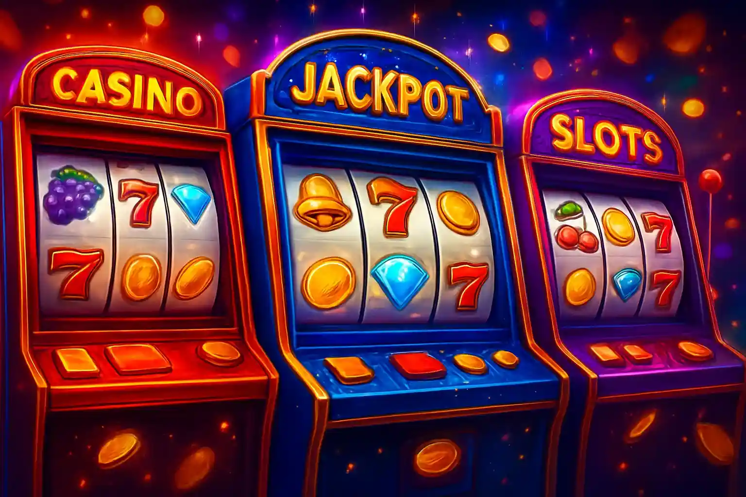 Colorful casino slot machines collage with coins, diamonds, 7s and sparkles
