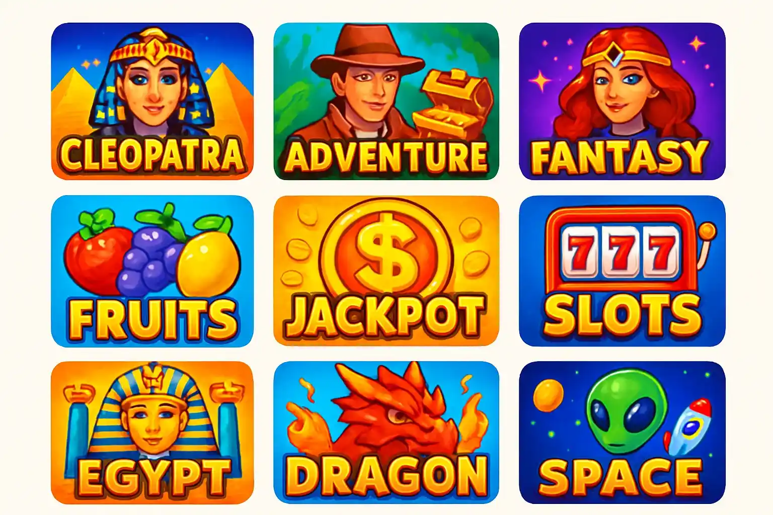 Grid of colorful slot game thumbnails with Egypt, fantasy, fruit, sci-fi themes
